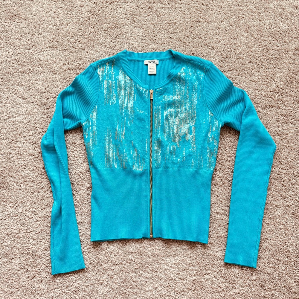 Cache Women Turquoise Blue Gold Sequin Zip Up Ribbed Knit Cardigan Sweater Small